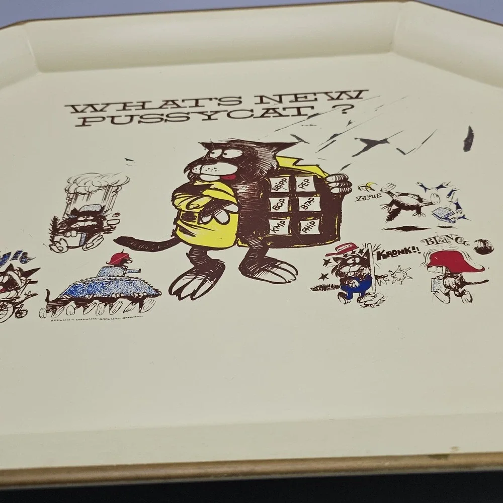 Mid Century What's New Pussycat? Aetna Enamel Tray Cottage Grandma‎ Folkart 1966